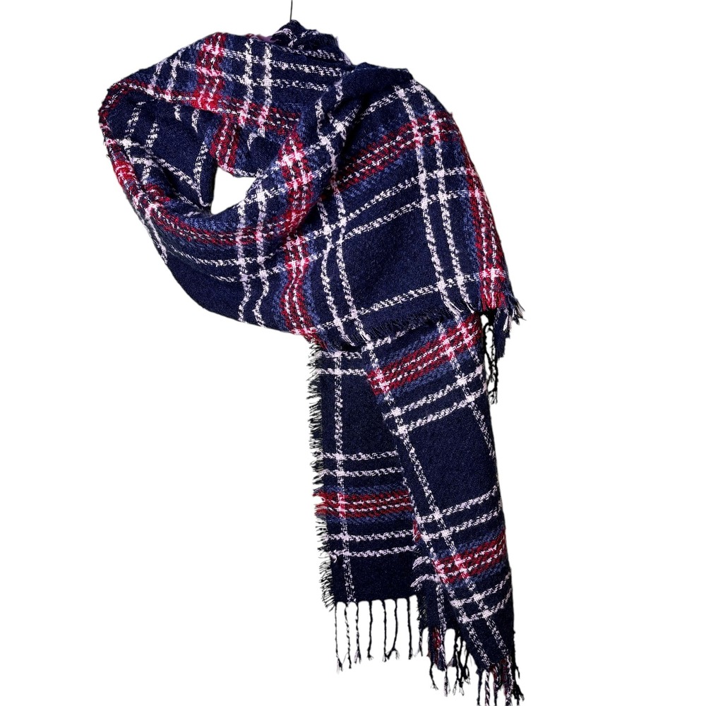 Alexis Bendel Scarf Navy Red White Plaid Fringe Cozy Warm Winter‎ Accessory